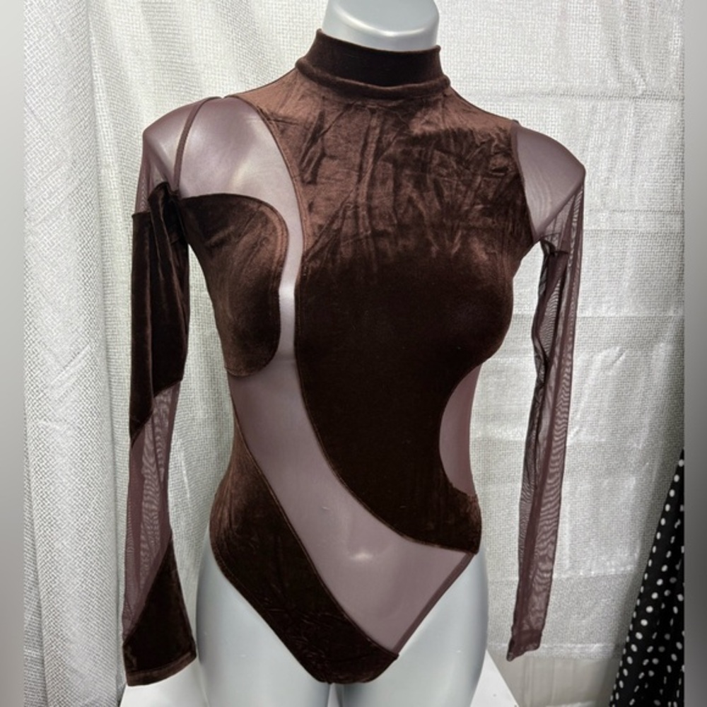 Maniere De Voir Chocolate Velvet Mesh Bodysuit
